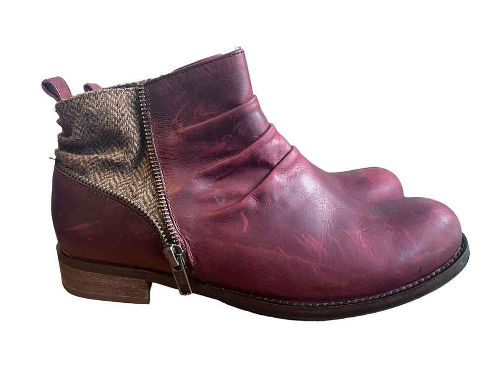 7.5 CAT CATERPILLAR KILEY Maroon Burgundy Leather Tweed Ankle Boots Zip